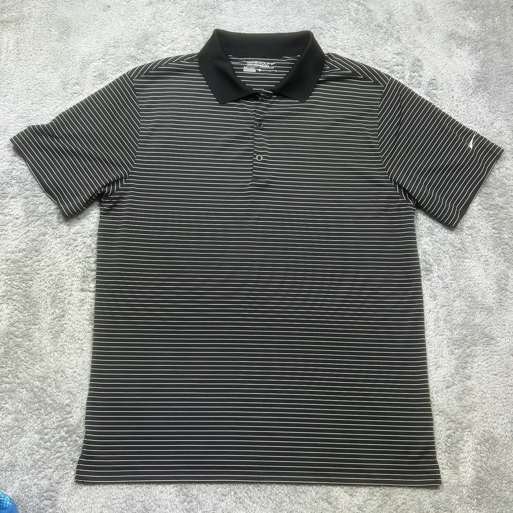 NIKE GOLF Polo Shirt Men's L Black White Striped Dri-Fit Tour Performance EUC